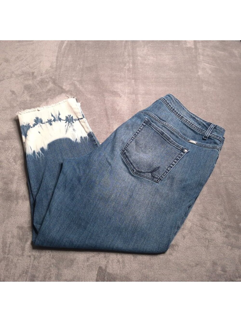 INC Denim Straight Leg Tie-Dye Ankle Jeans 18W Blue White Frayed Hem Pockets